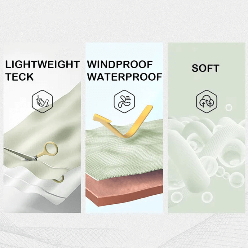 Illustration showcasing lightweight, windproof, waterproof, and soft fabric features for women's running windbreaker.